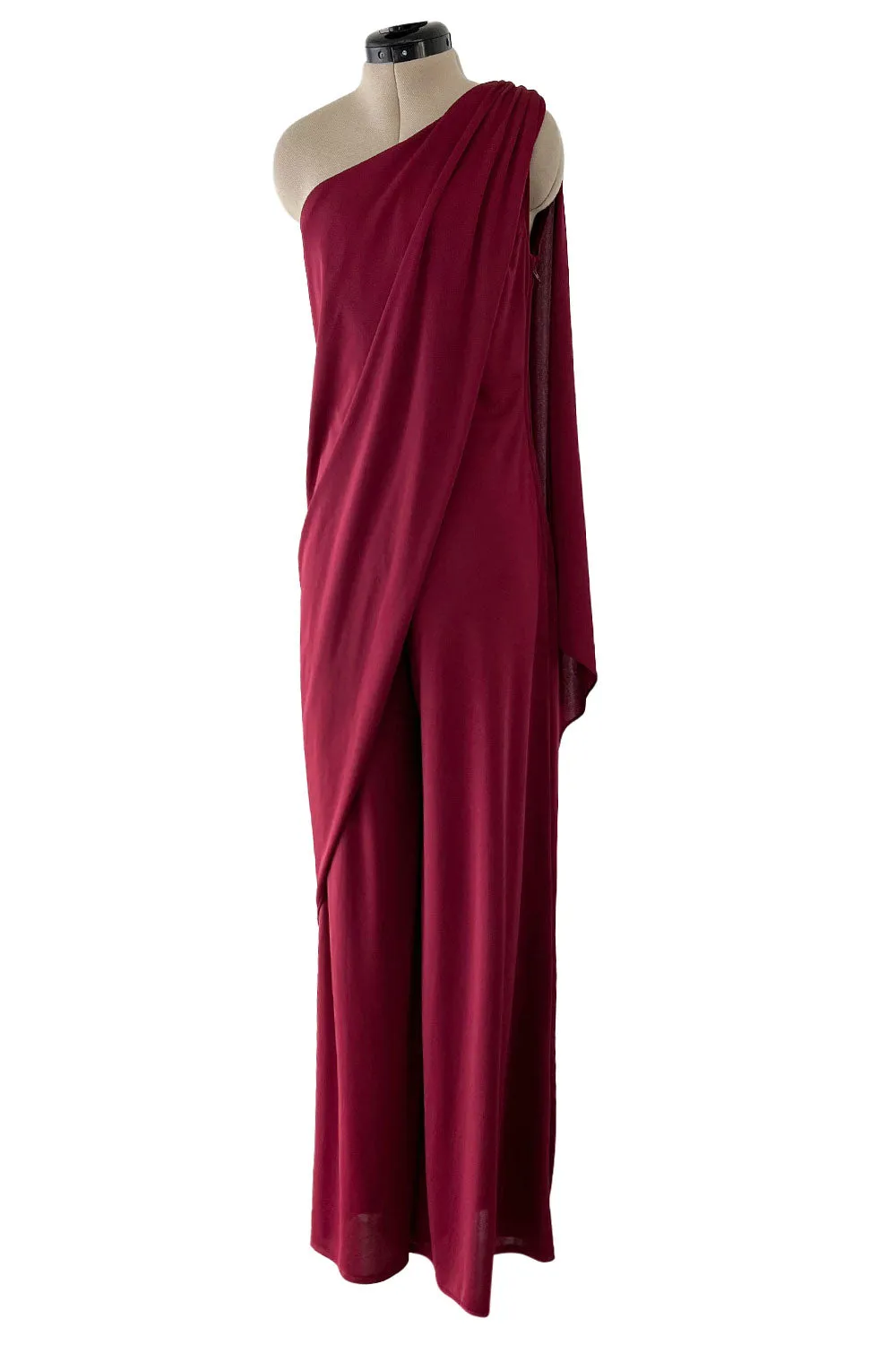 Fabulous 1970s Unlabeled Burgundy Jersey One Shoulder Wide Leg Jumpsuit