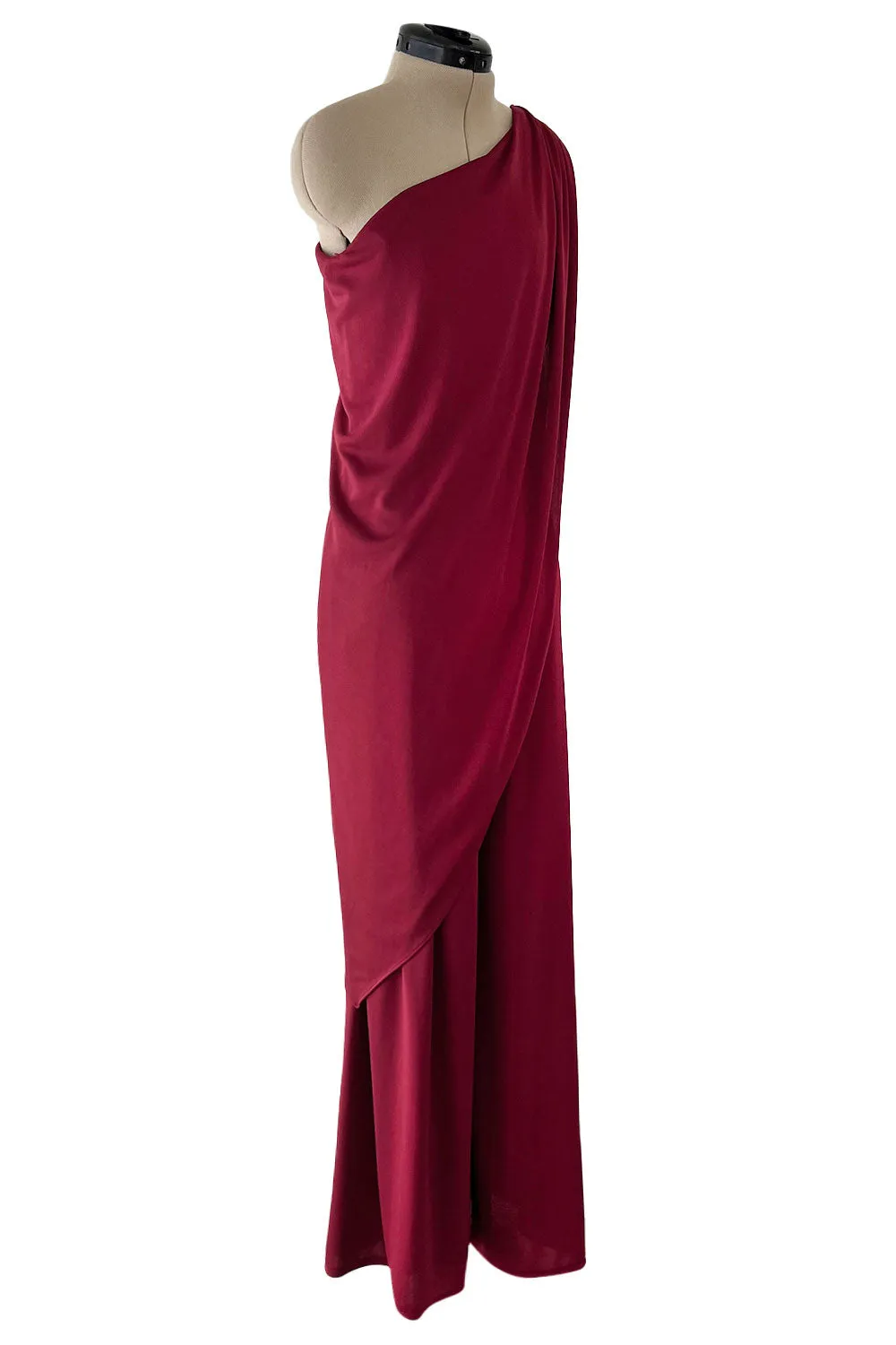 Fabulous 1970s Unlabeled Burgundy Jersey One Shoulder Wide Leg Jumpsuit
