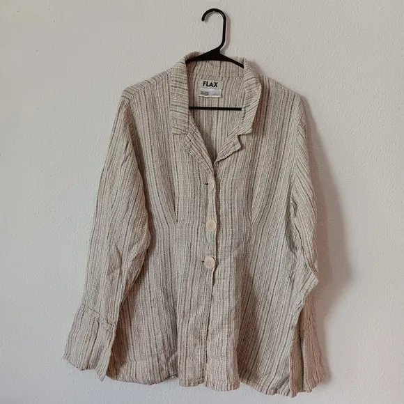FLAX Lagenlook Linen Jacket Women's M Front ButtonTextured Long Sleeves Striped