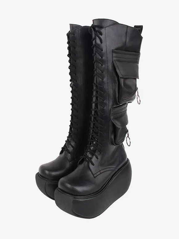Gothic Lolita Boots Black PU Round Toe PU Leather Lolita Footwear