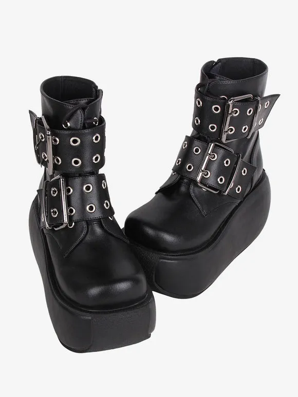 Gothic Lolita Boots Black PU Round Toe PU Leather Lolita Footwear