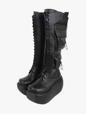 Gothic Lolita Boots Black PU Round Toe PU Leather Lolita Footwear