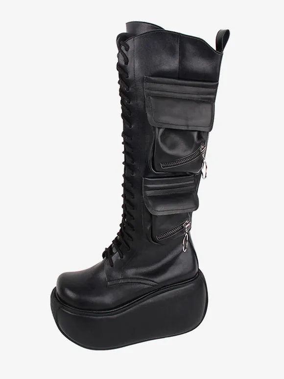 Gothic Lolita Boots Black PU Round Toe PU Leather Lolita Footwear