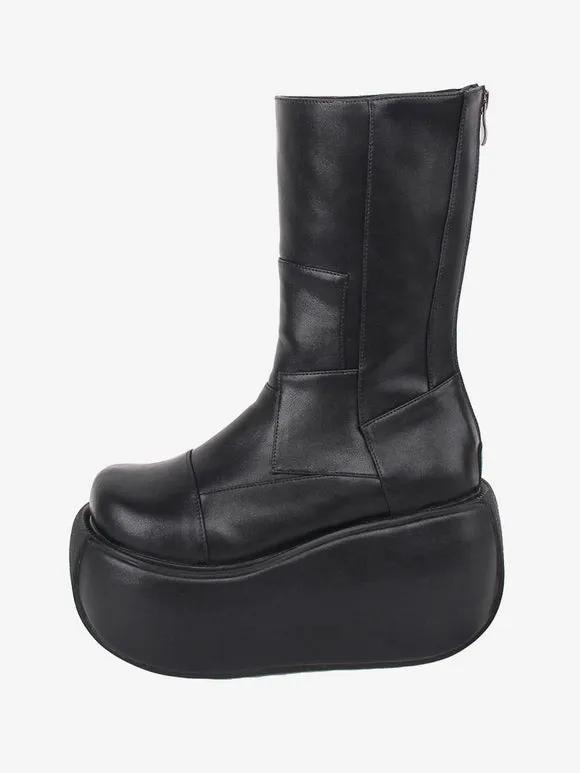 Gothic Lolita Boots Black PU Round Toe PU Leather Lolita Footwear
