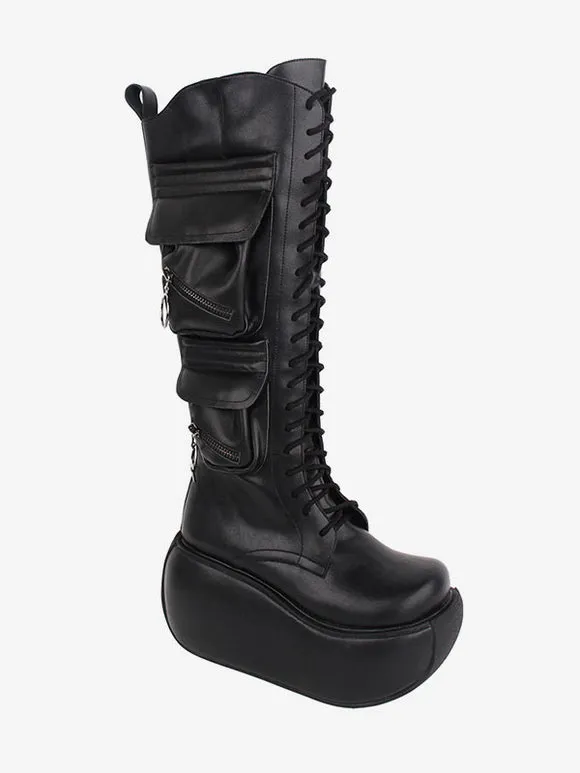 Gothic Lolita Boots Black PU Round Toe PU Leather Lolita Footwear
