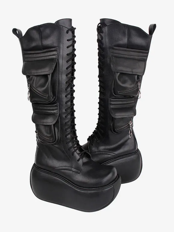 Gothic Lolita Boots Black PU Round Toe PU Leather Lolita Footwear