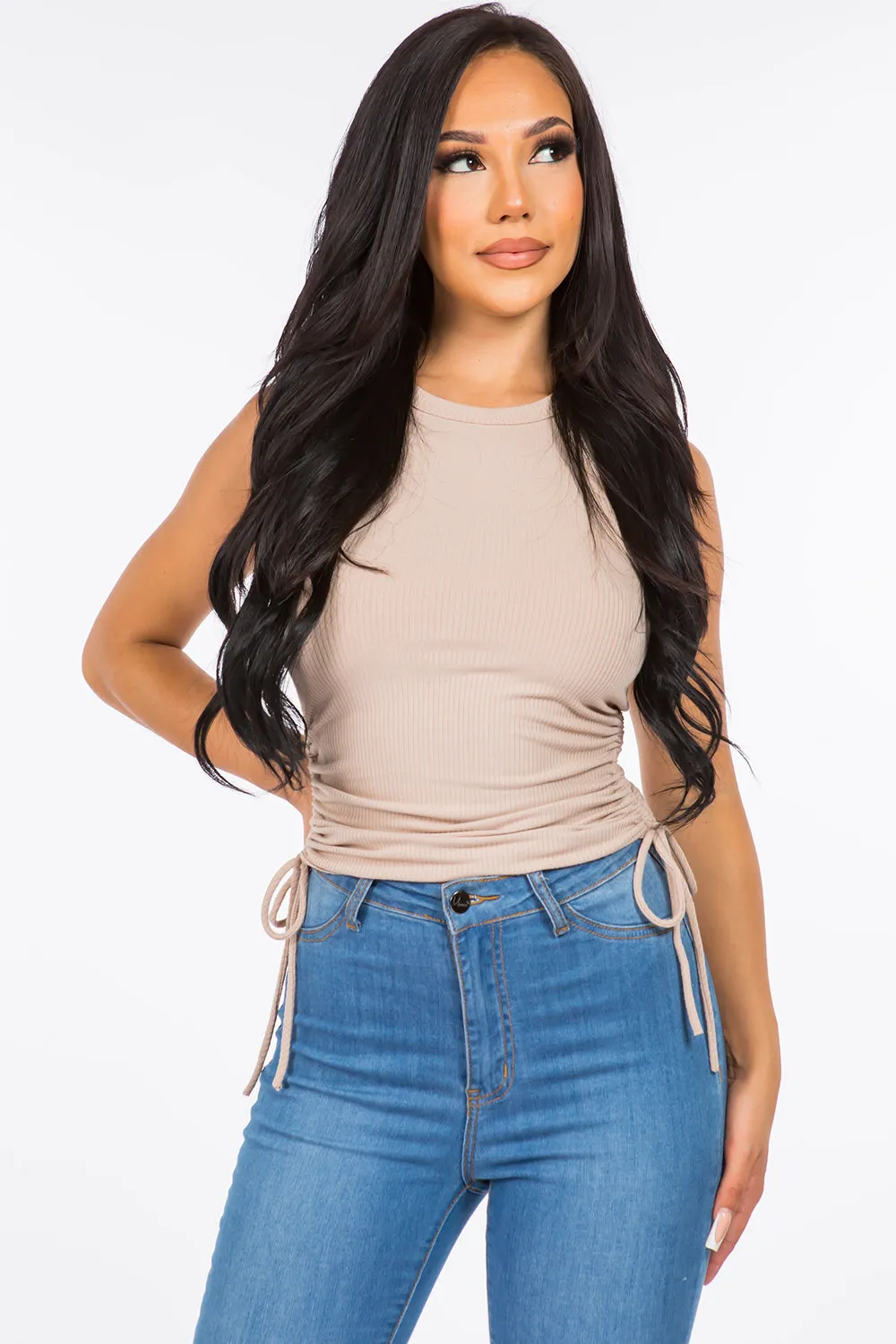 Haley Side Ruching Tank Top - Beige