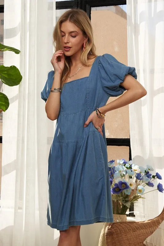 Hazel Blues® |  ADORA Square Neck Puff Sleeve Denim Dress