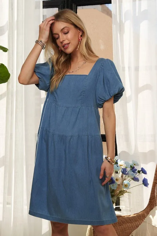 Hazel Blues® |  ADORA Square Neck Puff Sleeve Denim Dress