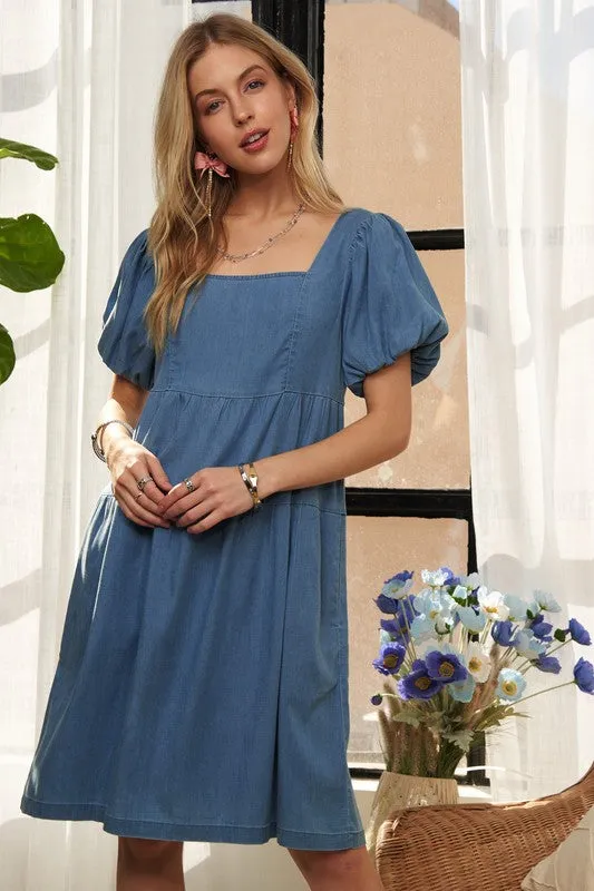 Hazel Blues® |  ADORA Square Neck Puff Sleeve Denim Dress