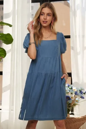 Hazel Blues® |  ADORA Square Neck Puff Sleeve Denim Dress