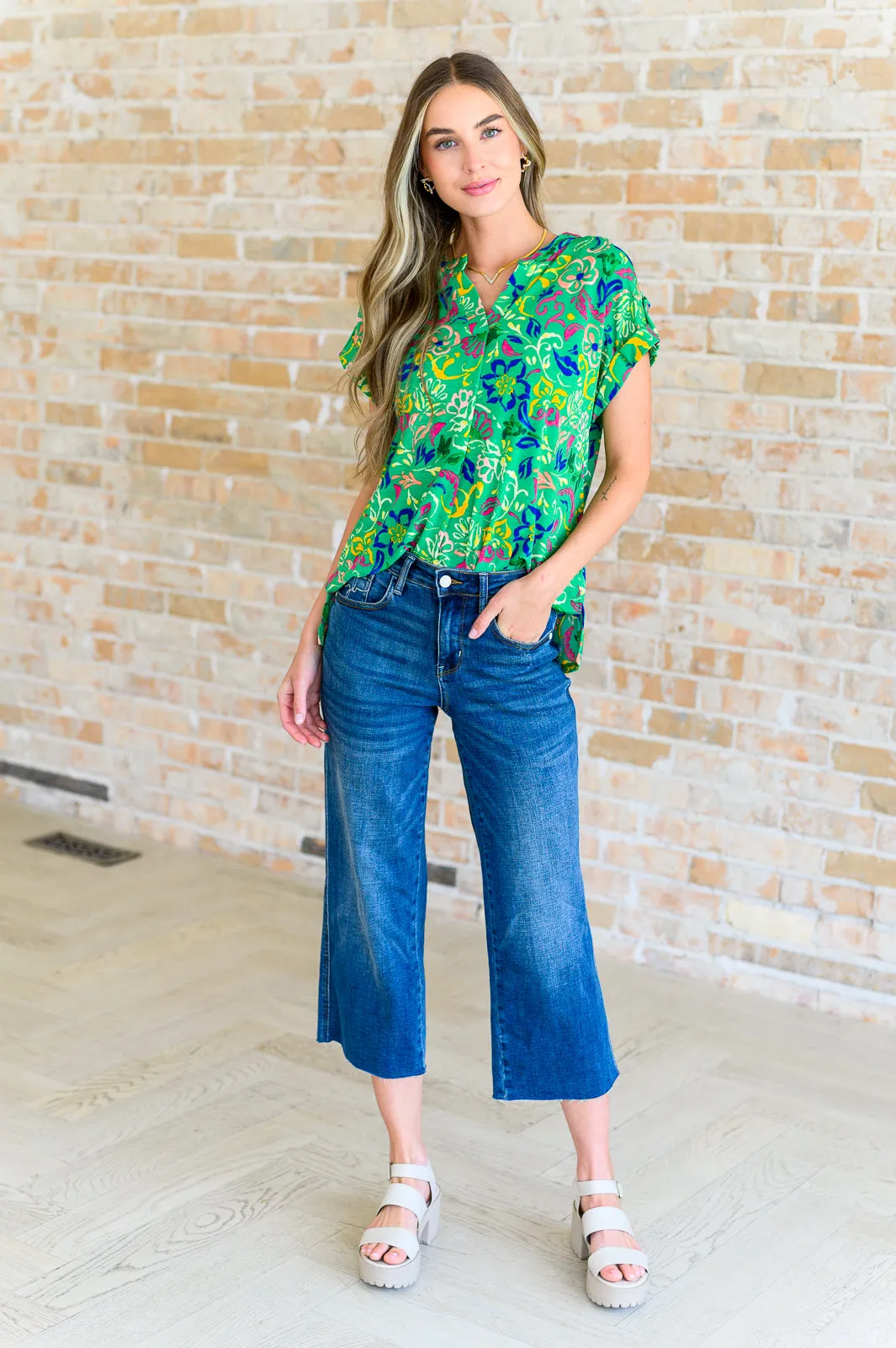 Hazel Blues® |  Lizzy Cap Sleeve Top in Green and Royal Watercolor Floral