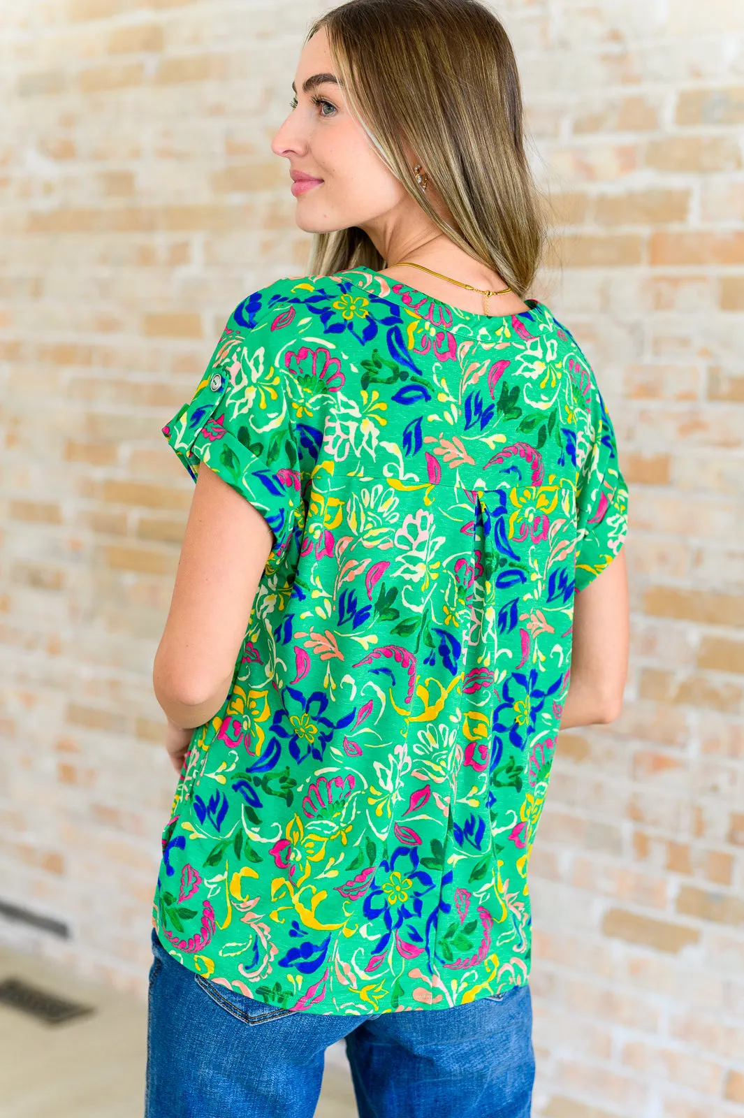 Hazel Blues® |  Lizzy Cap Sleeve Top in Green and Royal Watercolor Floral