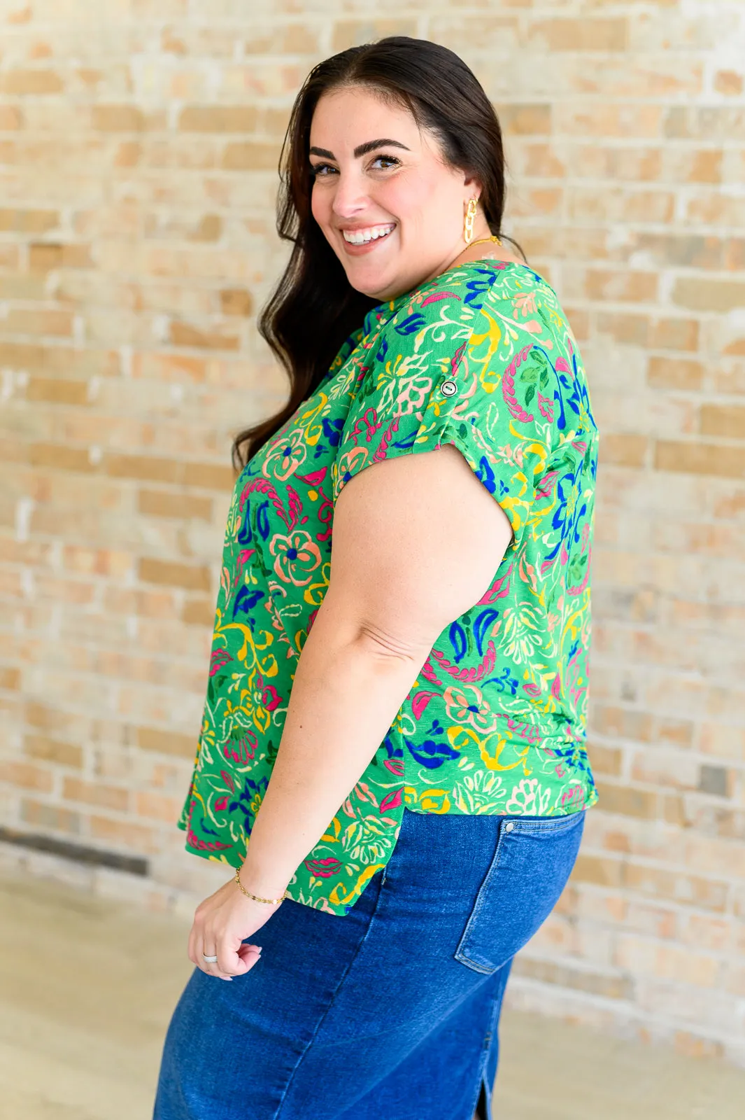 Hazel Blues® |  Lizzy Cap Sleeve Top in Green and Royal Watercolor Floral