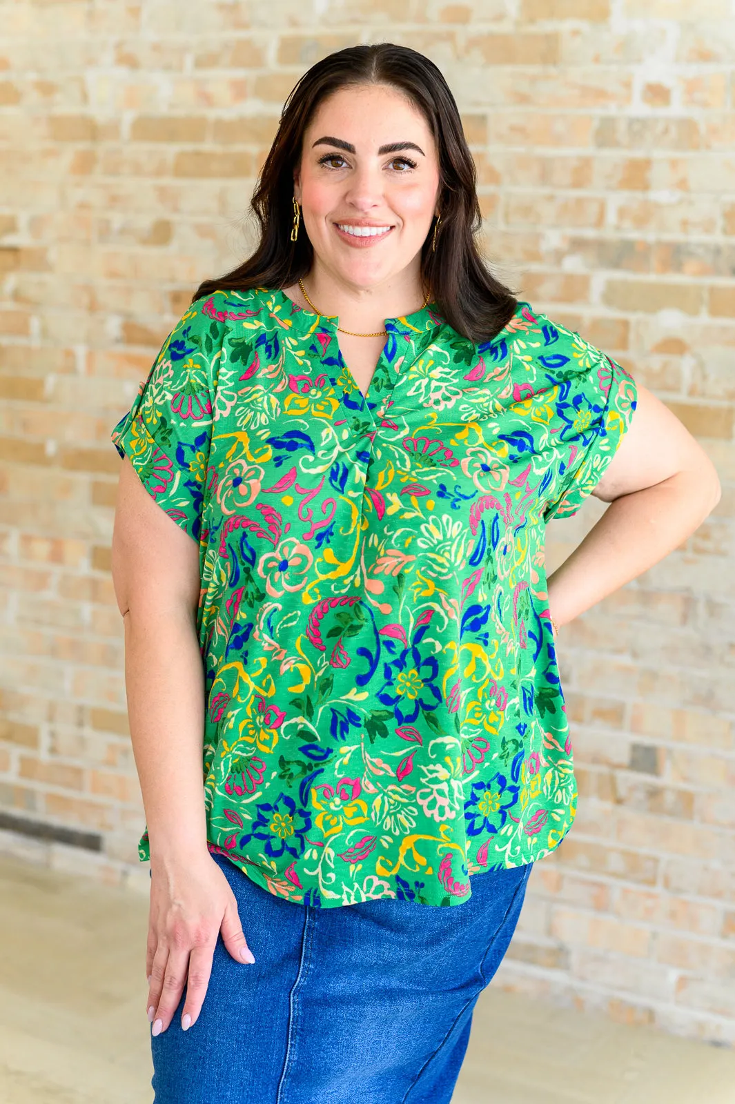Hazel Blues® |  Lizzy Cap Sleeve Top in Green and Royal Watercolor Floral