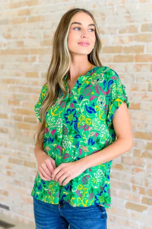 Hazel Blues® |  Lizzy Cap Sleeve Top in Green and Royal Watercolor Floral