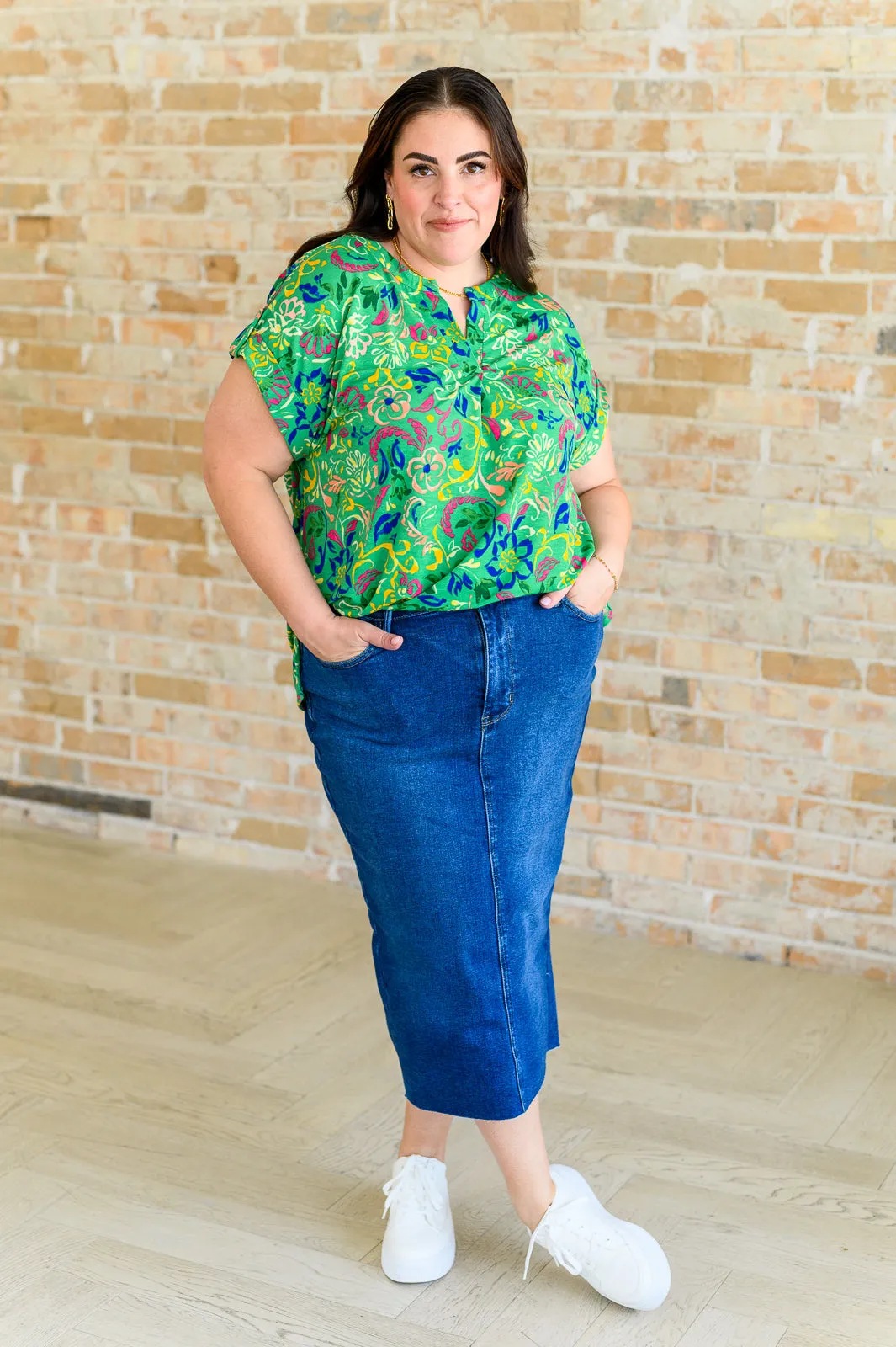 Hazel Blues® |  Lizzy Cap Sleeve Top in Green and Royal Watercolor Floral