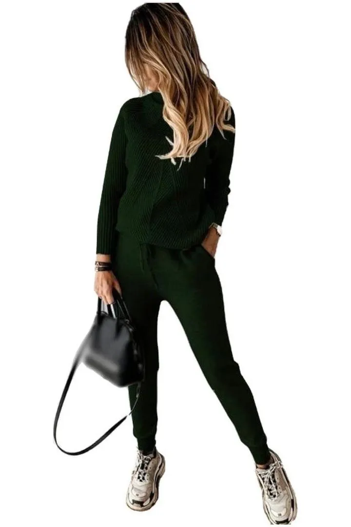 High Collar Casual Top And Trousers Sweater Suit