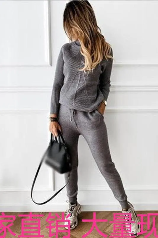 High Collar Casual Top And Trousers Sweater Suit