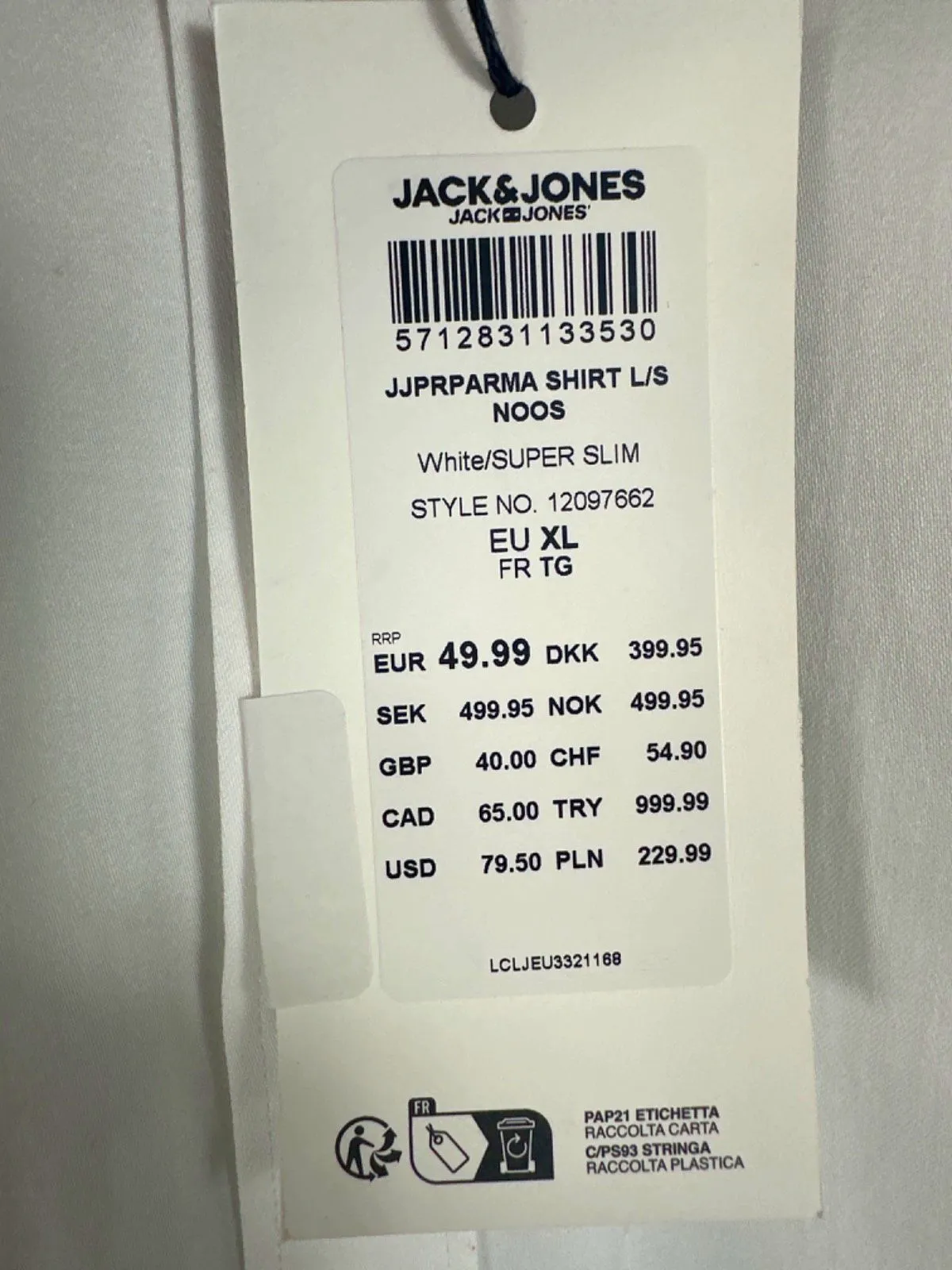 Jack & Jones White Stretch Super Slim Shirt UK XL