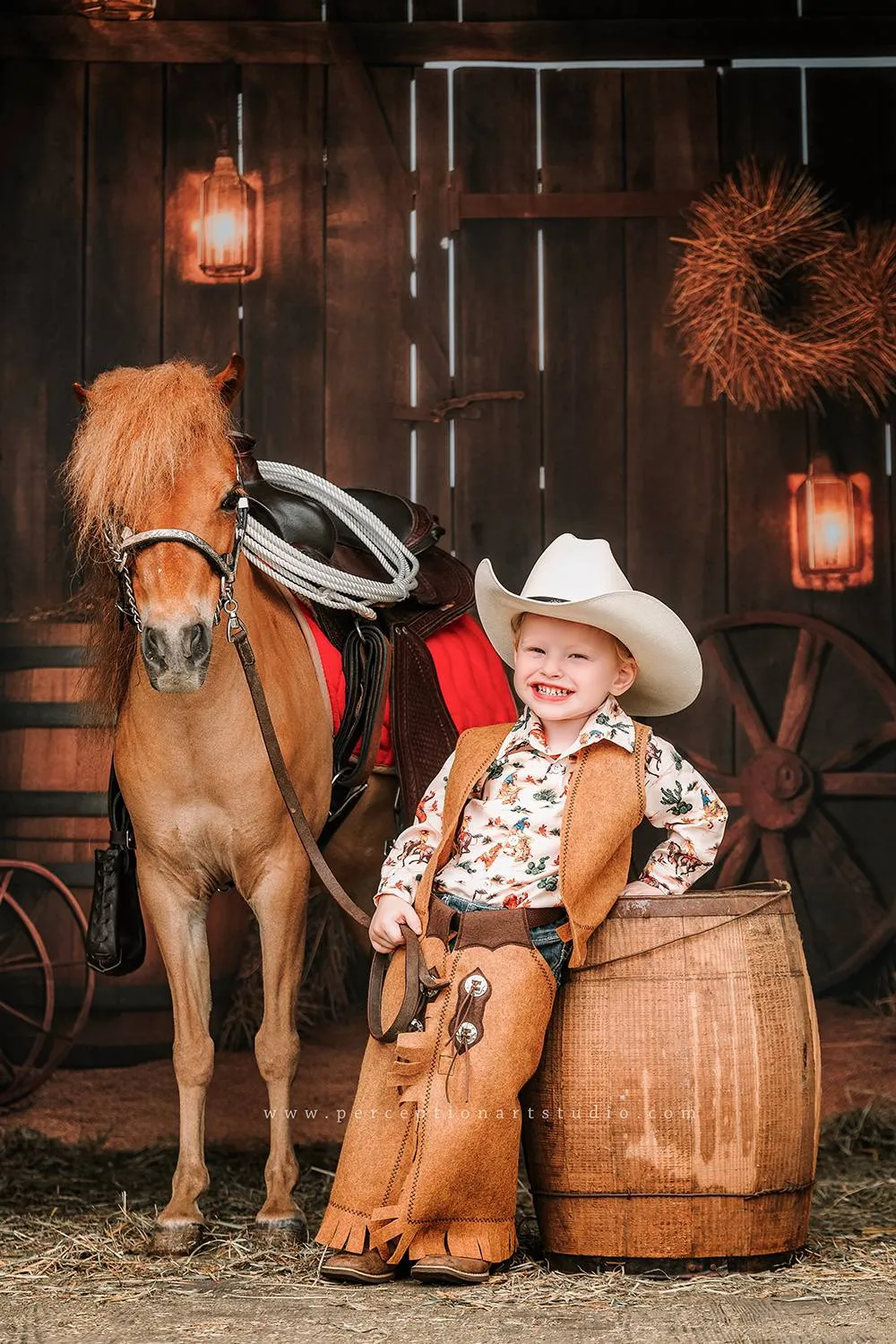 Kate Autumn Barn Door with Boots Boy Backdrop Designed by Chain Photography