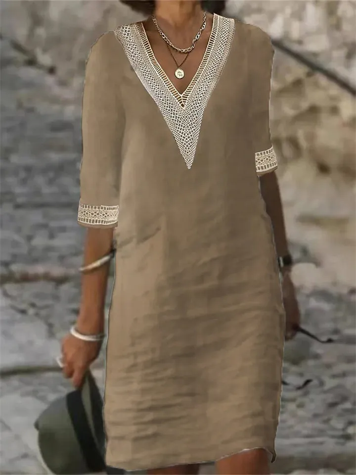 Lace V Neck Half Sleeve Women's Cotton Midi Dress
