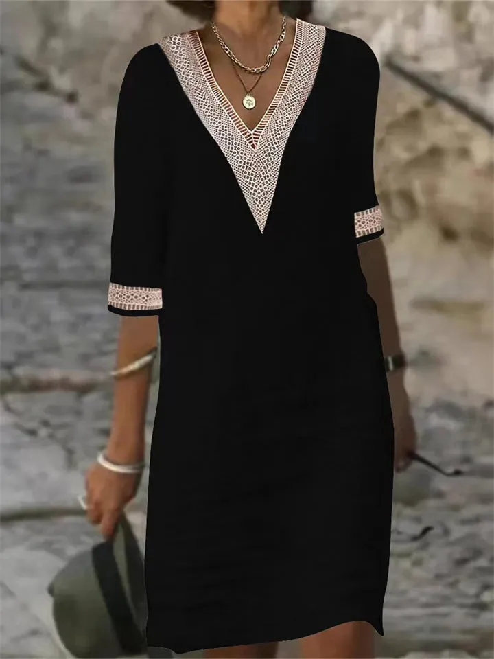 Lace V Neck Half Sleeve Women's Cotton Midi Dress