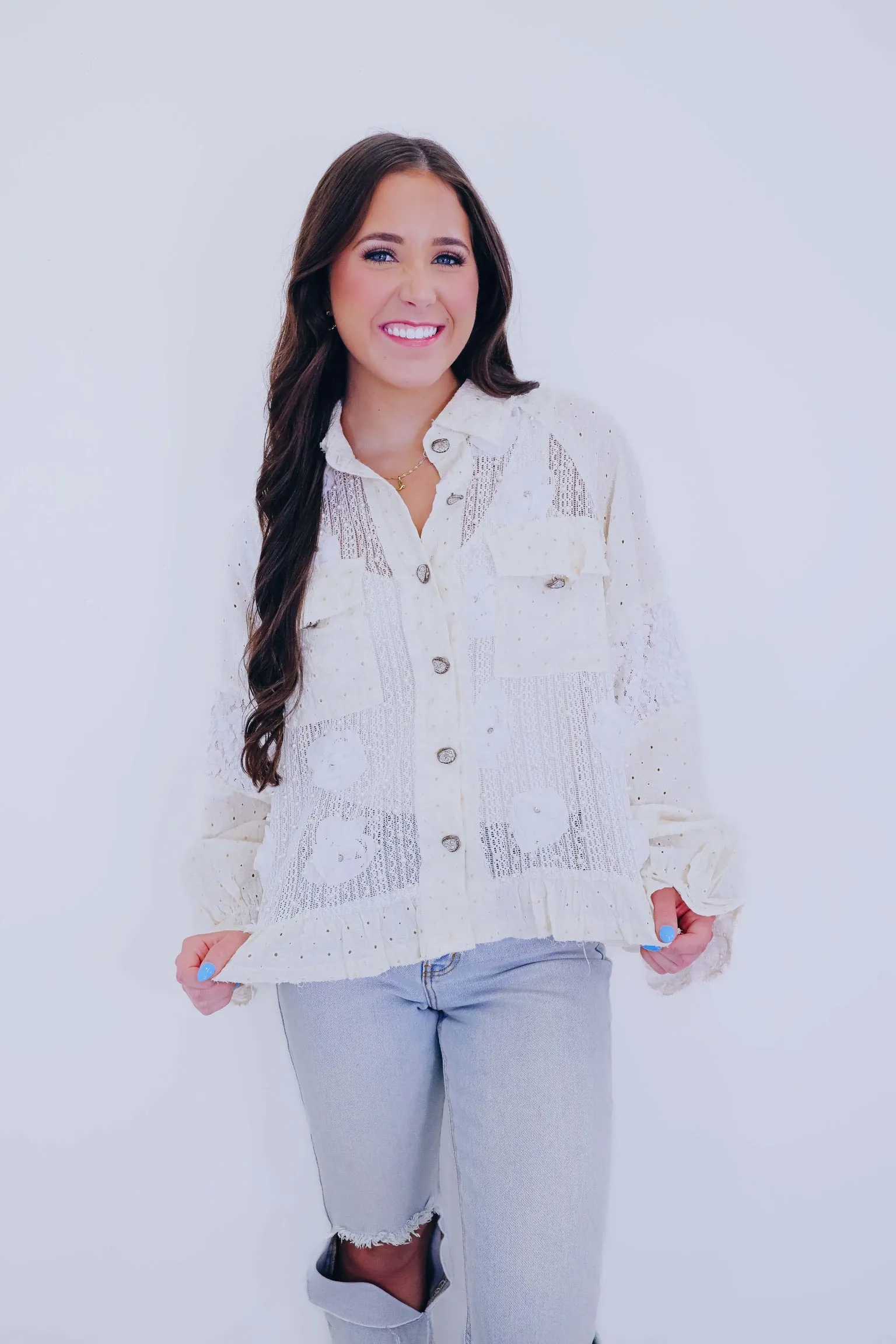 ***Laced In Pearls Ruffle Shacket by POL - 2 Colors SAMPLE