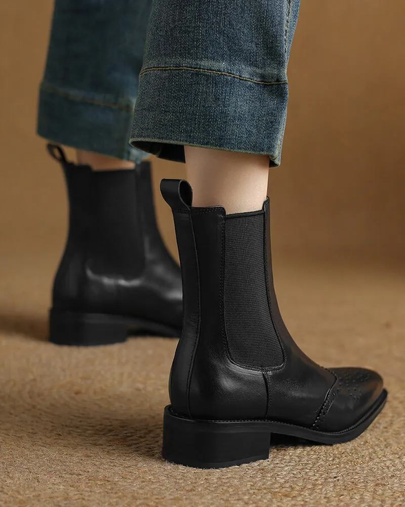 Leather Low Block Heel Chelsea Boots