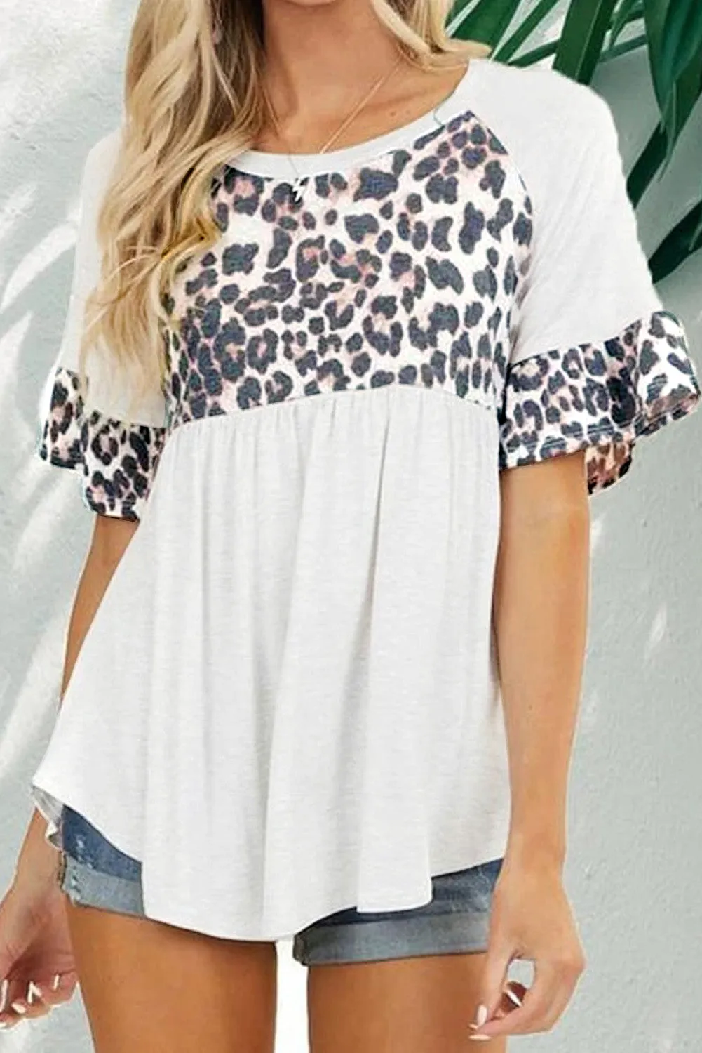 Leopard Stitching Pleated Casual Top