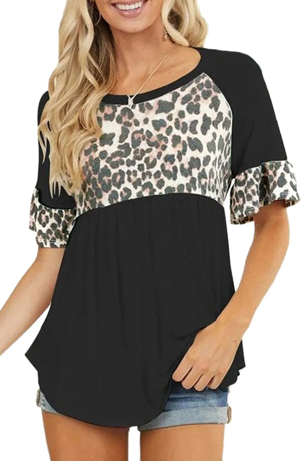 Leopard Stitching Pleated Casual Top