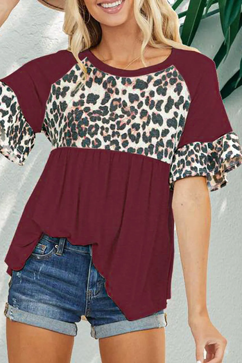 Leopard Stitching Pleated Casual Top