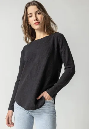 Lilla P Shirttail Hem Boatneck, Black/Talc
