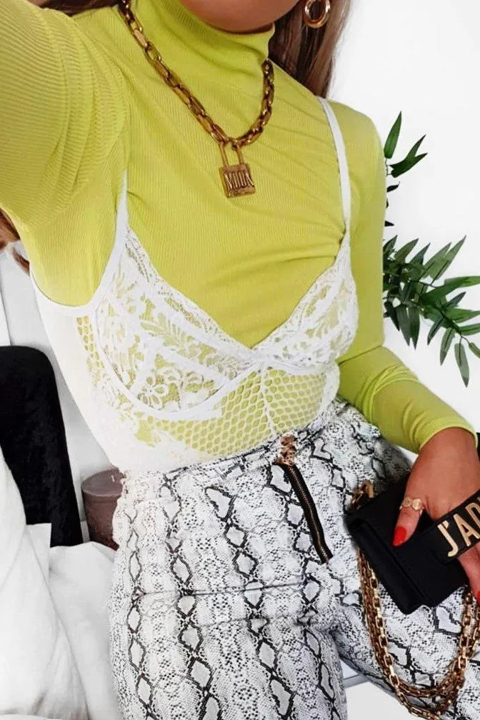 Lime Rib Roll Neck Long Sleeve Top - Marci