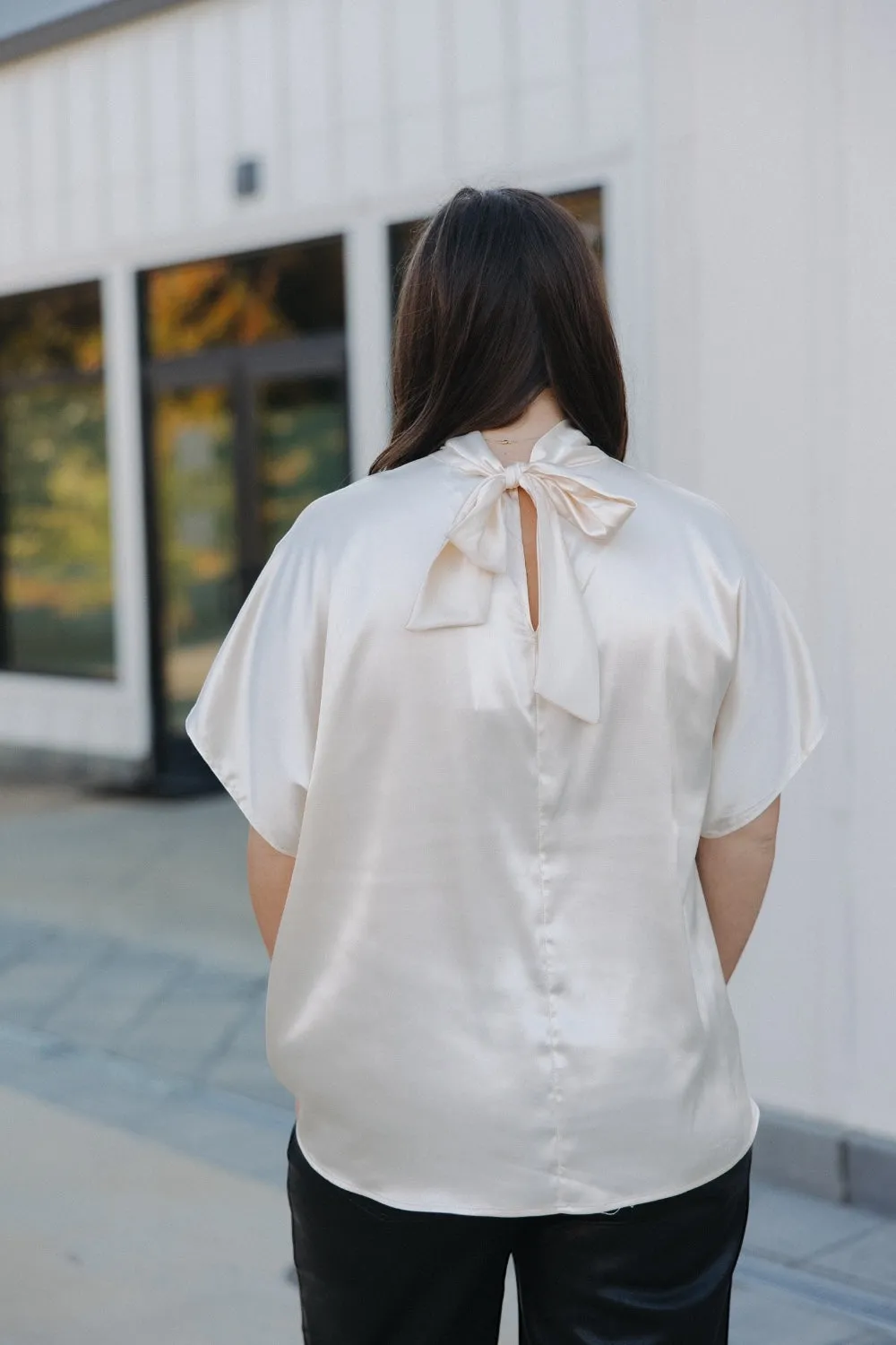 London Ivory High Tie Neck Bubble Hem Top (S-3XL)