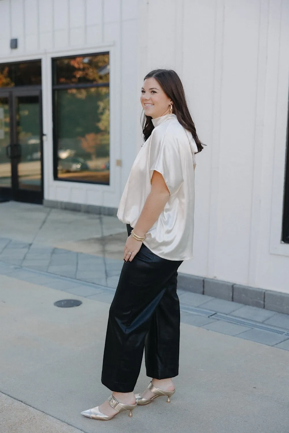London Ivory High Tie Neck Bubble Hem Top (S-3XL)