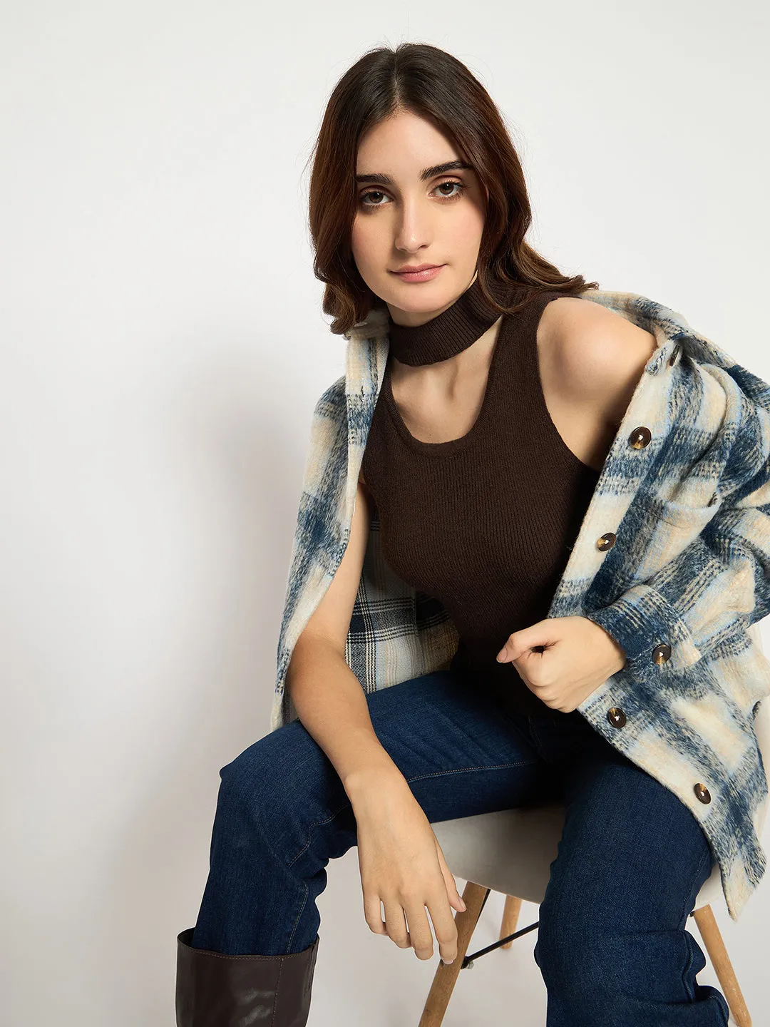 Madame Coffee Brown Ribbed Sleeveless Cutout Sweater