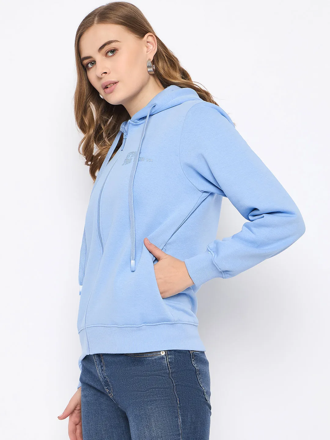 Madame Fleece Placement Printed Zipped Powder Blue Hooded Sweatshirt