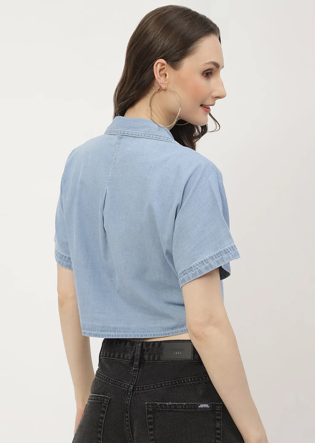 Madame Front Knot Half Sleeve Crop Denim Shirt
