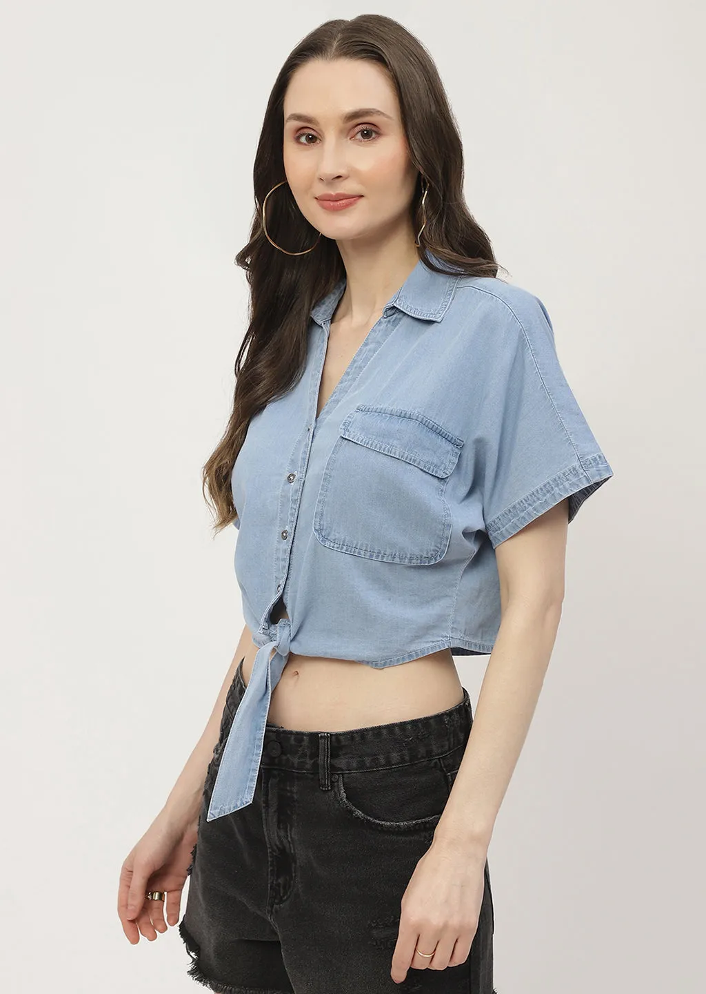 Madame Front Knot Half Sleeve Crop Denim Shirt