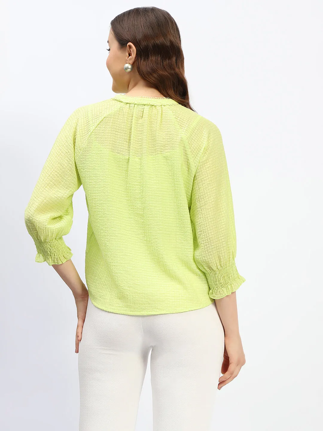 Madame Neon Green Mandarin Neck Frill Sleeve Buttoned Tencel Top
