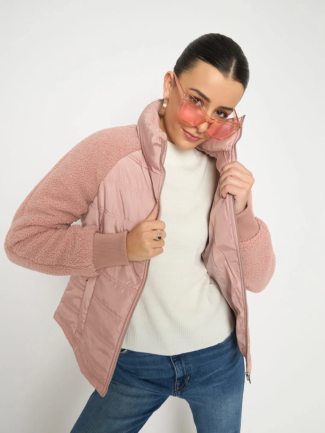 Madame Raglan Sleeved Quilted Dusty Pink Short Jacket