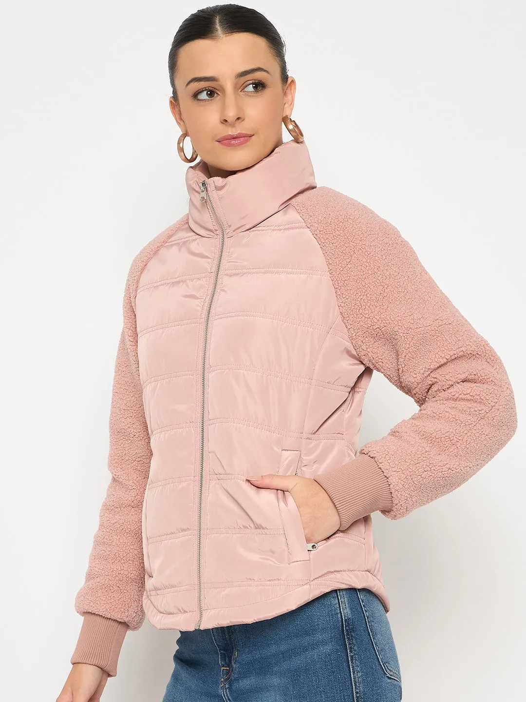 Madame Raglan Sleeved Quilted Dusty Pink Short Jacket