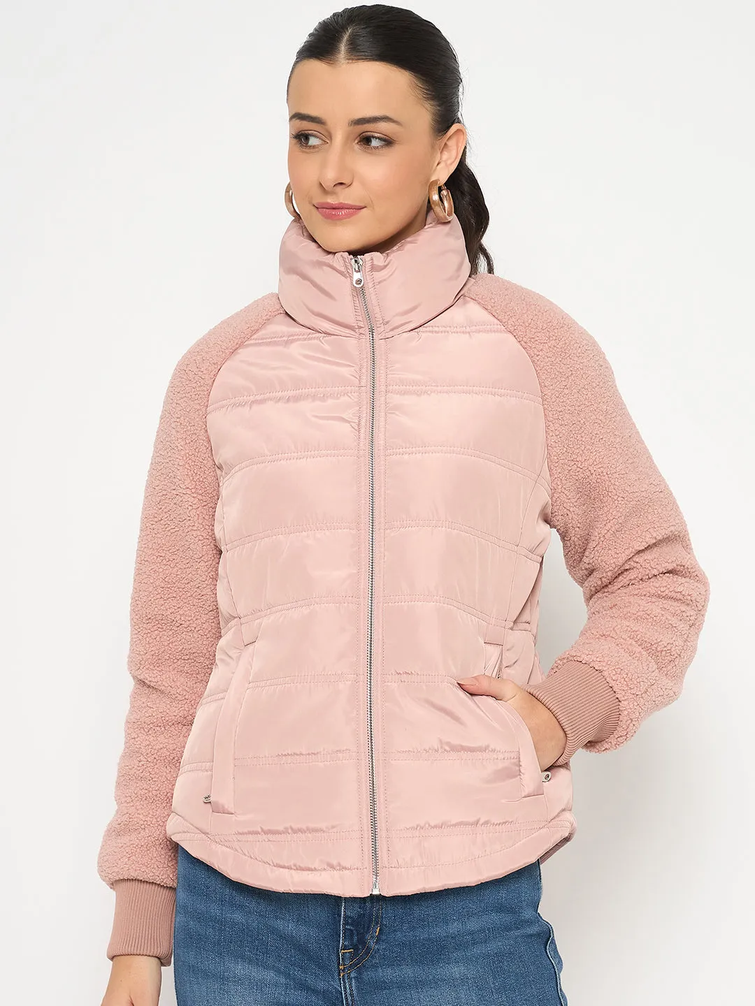 Madame Raglan Sleeved Quilted Dusty Pink Short Jacket