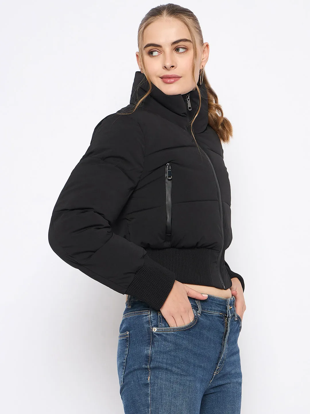 Madame Rib Detailed Elasticated Waist Black Quilted Crop Jacket