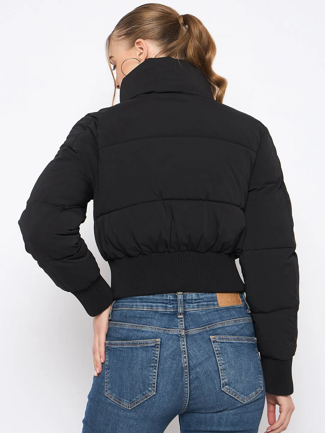 Madame Rib Detailed Elasticated Waist Black Quilted Crop Jacket