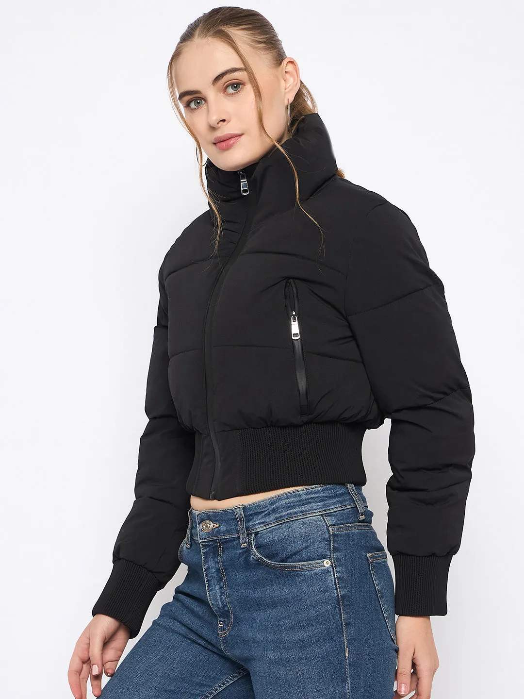 Madame Rib Detailed Elasticated Waist Black Quilted Crop Jacket