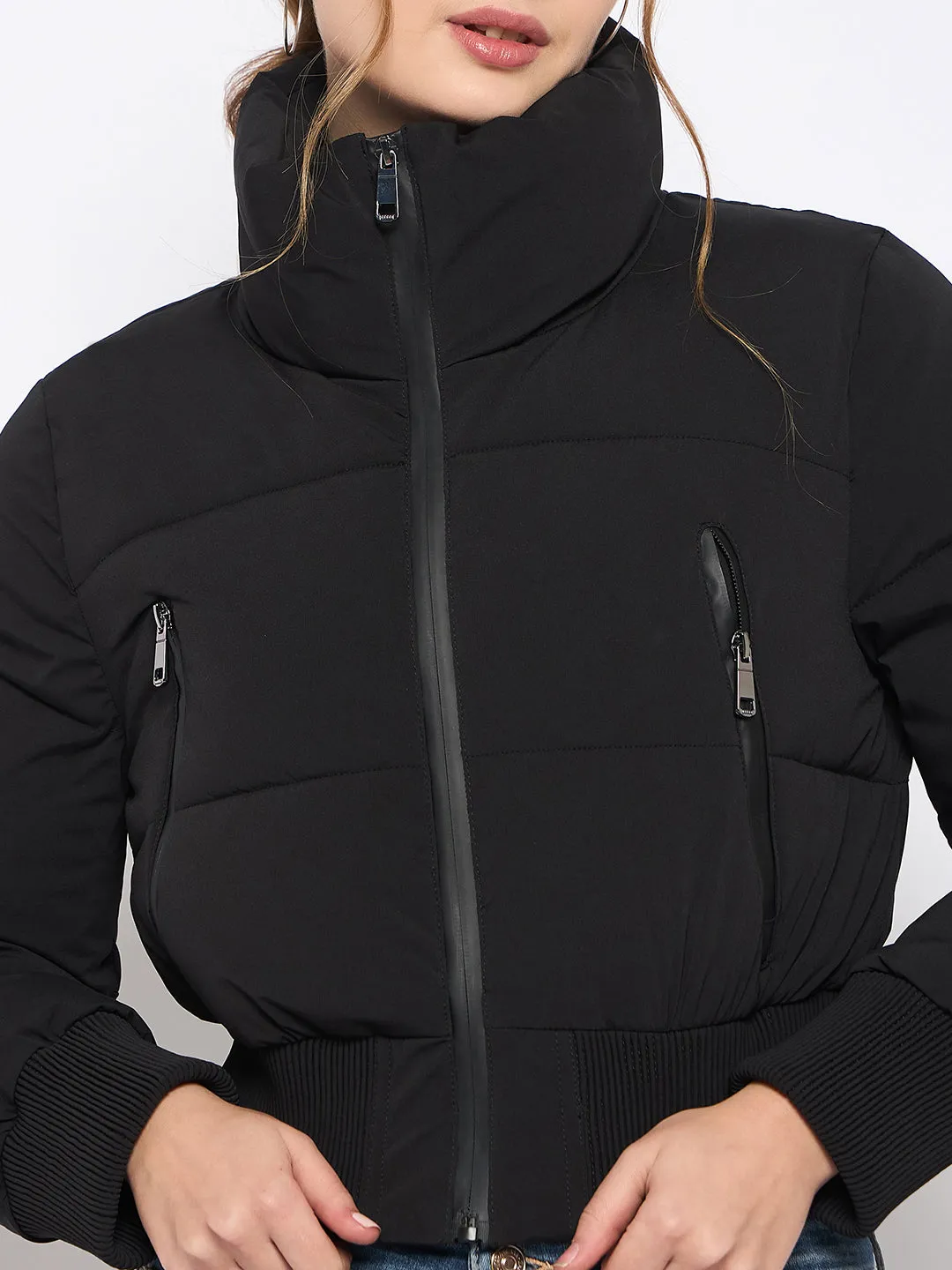 Madame Rib Detailed Elasticated Waist Black Quilted Crop Jacket