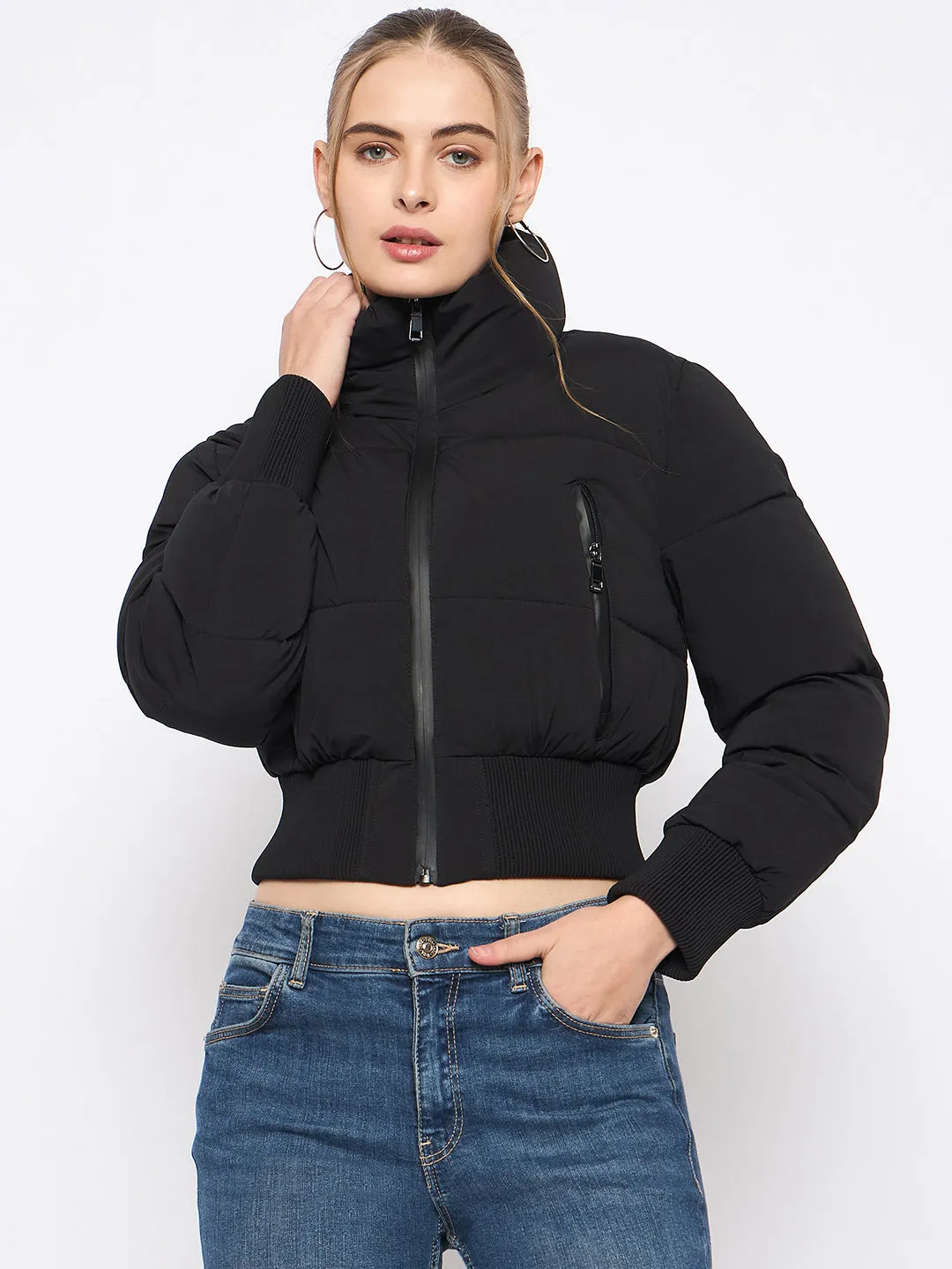 Madame Rib Detailed Elasticated Waist Black Quilted Crop Jacket