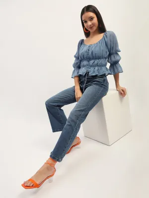 Madame Ruched Detailing Blue Peplum Top